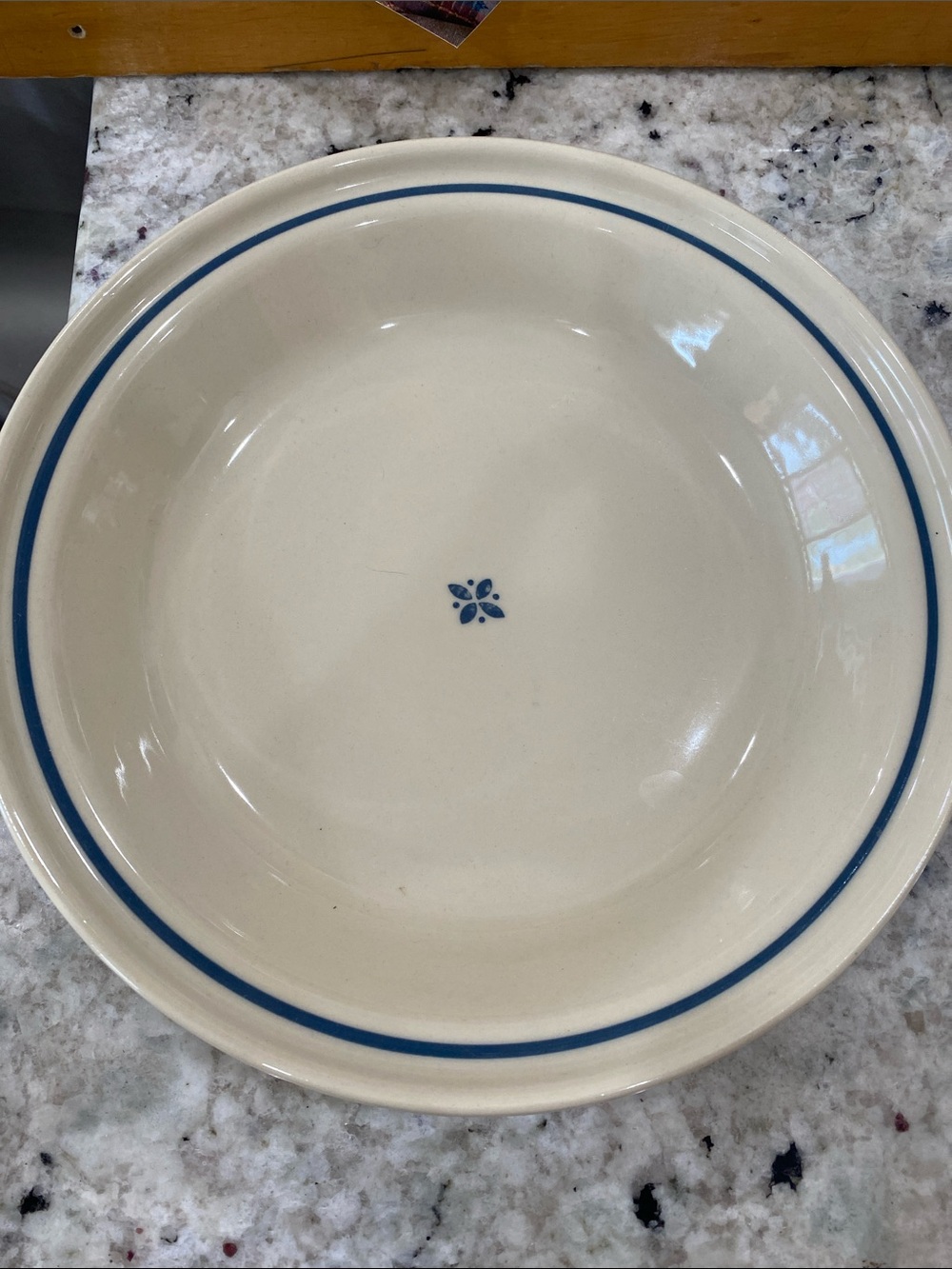 Longaberger Cream Serving Bowl with Blue Rim and Motif